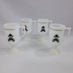 Milk Glass Mug Vintage Set 4 Bowling 5.5" Coffee Cup Black Gold Stripe